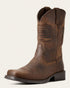 Ariat Rambler Patriot men's cowboy boot in distressed brown leather with embossed American flag patch