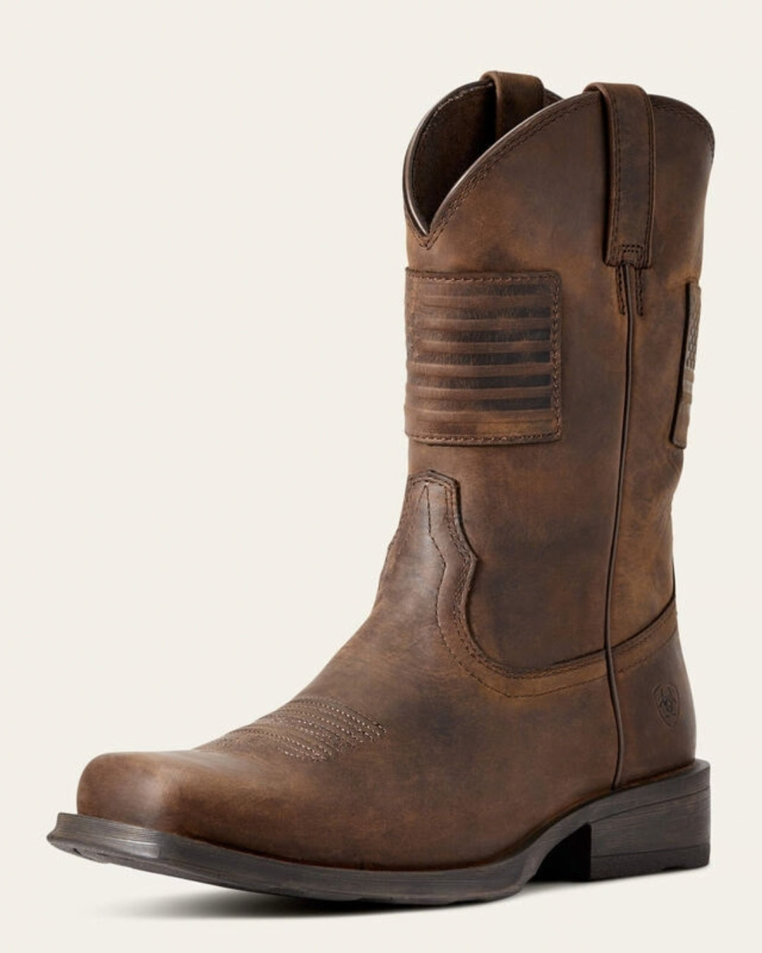 Ariat Rambler Patriot men's cowboy boot in distressed brown leather with embossed American flag patch