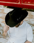Detailed shot of crown and brim of the black Houston western hat