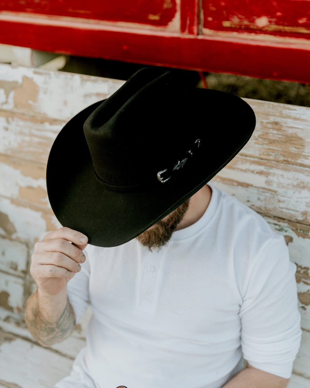 Detailed shot of crown and brim of the black Houston western hat